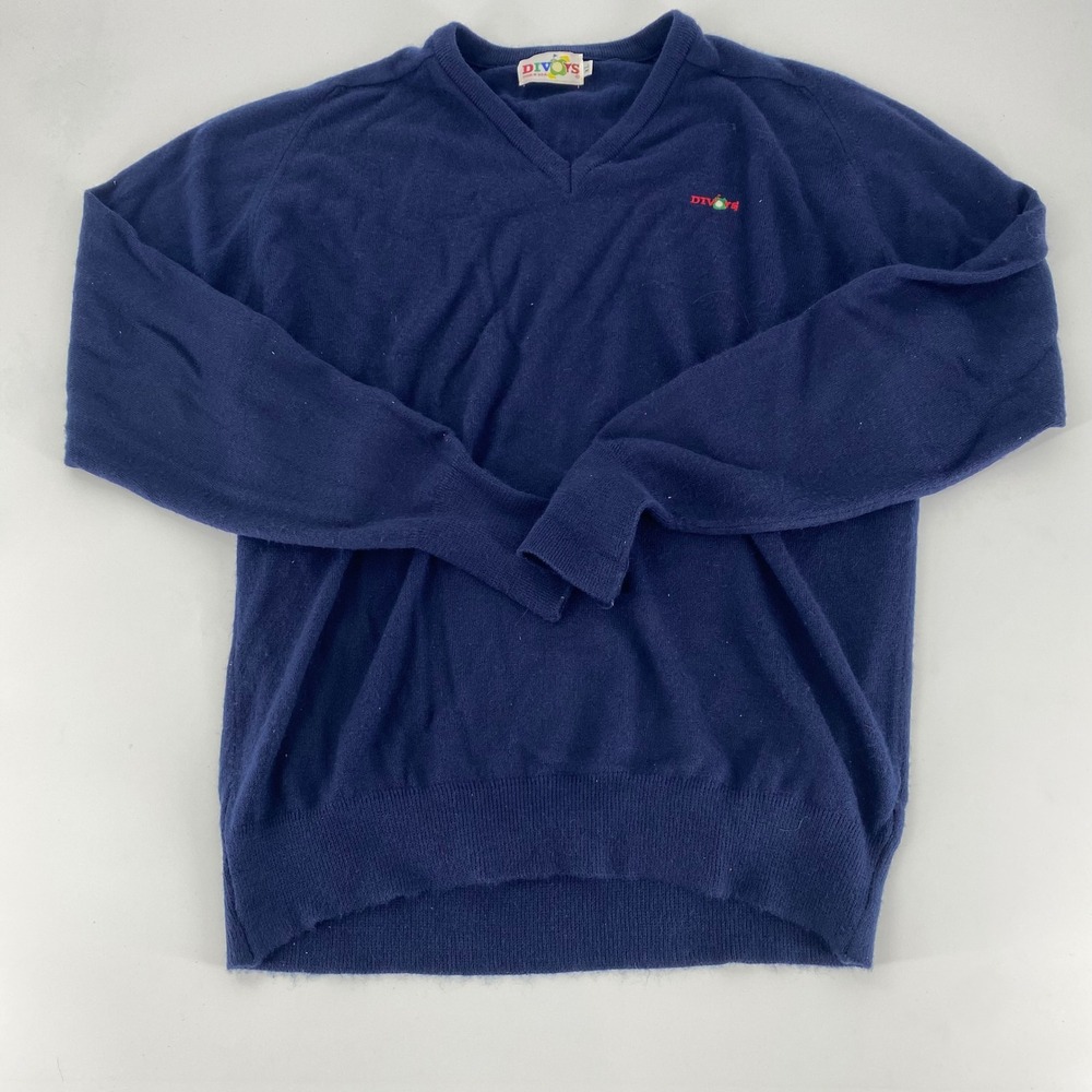 DIVOTS Mens‎ Navy Blue V Neck Golf Sweater XL Embroidered Logo Long Sleeve VTG